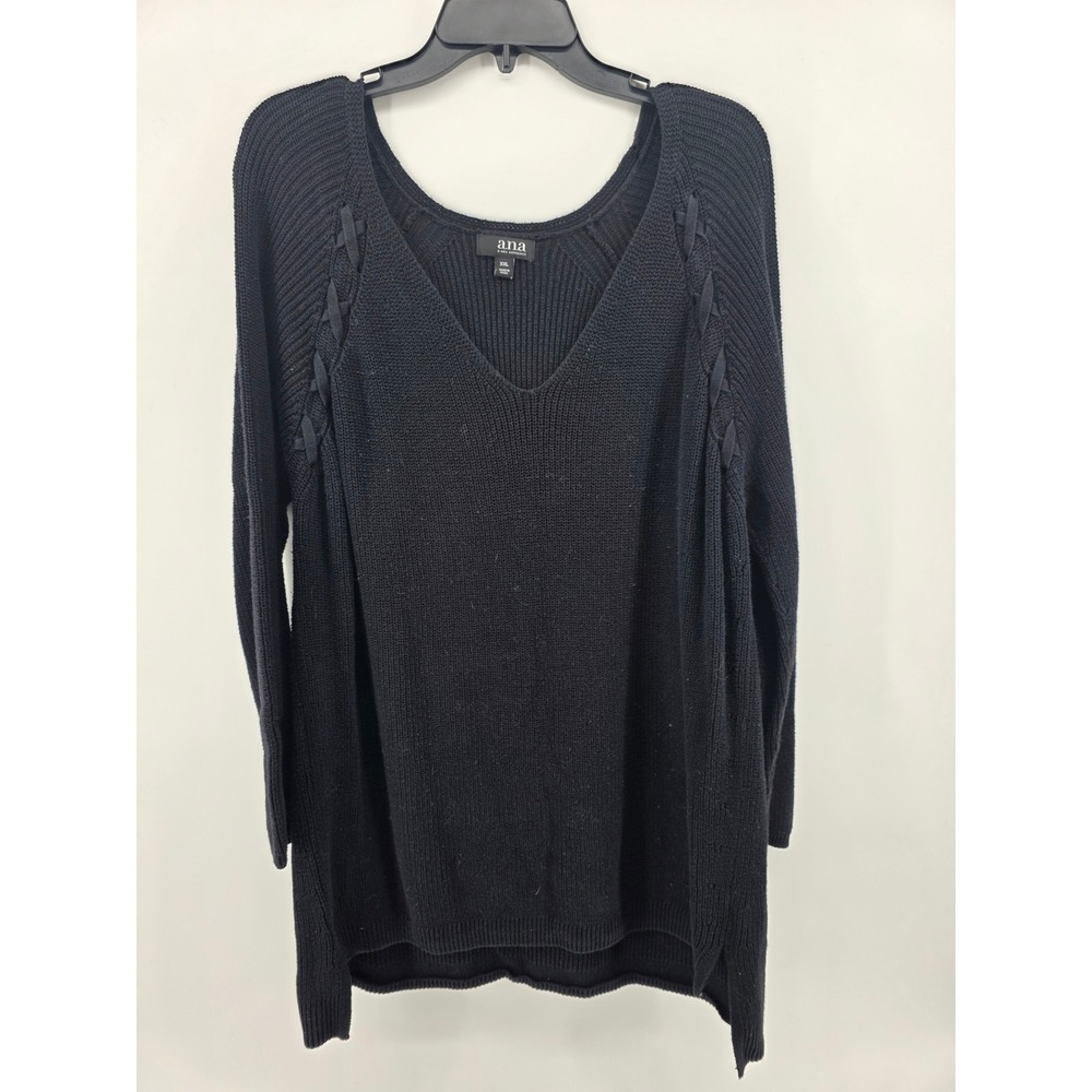 a.n.a Cable Knit V-Neck Sweater Black Cotton Tunic XXL